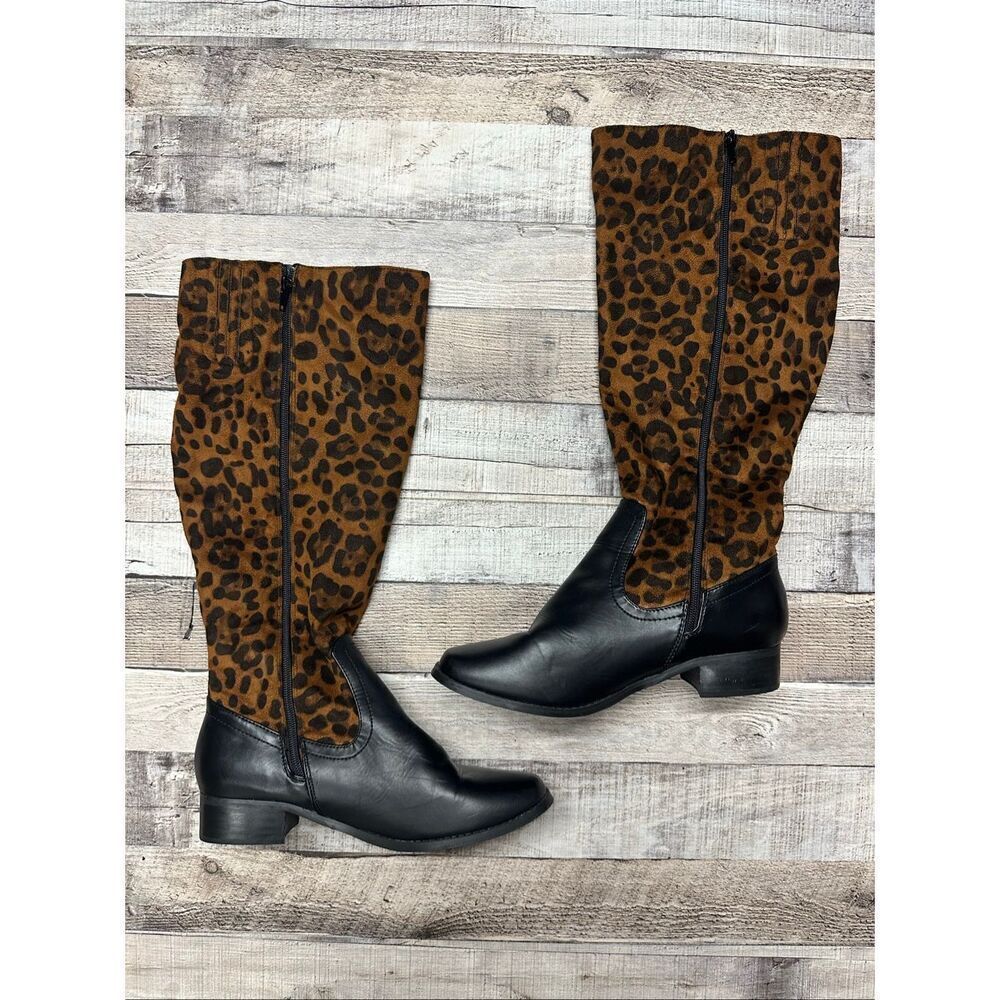 Andiamo Women’s Size 9M Leopard Print & Black Faux Suede Knee High Boots